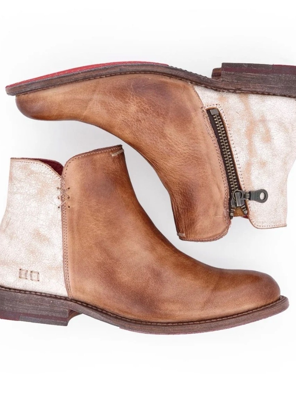 BEDSTU Women's Two-Tone Leather Ankle Boots in Brown and Cream